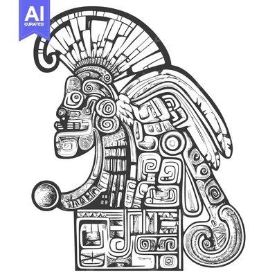 Aset premium populer: Black and White Illustration of an Aztec or Mayan Deity with a Feather