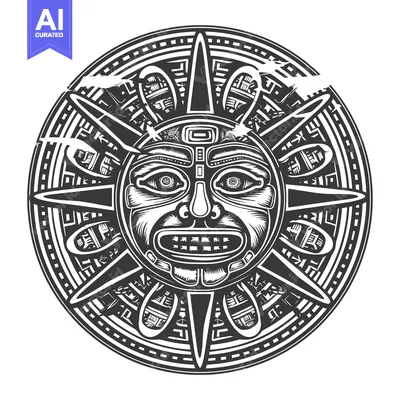 Aset desain premium: Black and White Illustration of an Aztec Sun God with Intricate Design