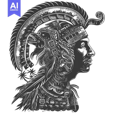 Premium design asset: Black and White Illustration of an Aztec Warrior in Profile
