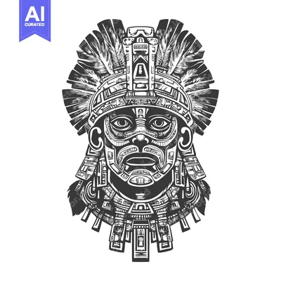 Premium design asset: Black and White Illustration of an Aztec Warrior Mask