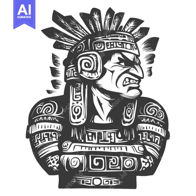 Black and White Illustration of an Aztec Warrior with a Feathered Head