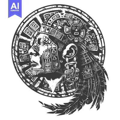 Aset premium populer: Black and White Illustration of an Aztec Warrior with Feathers