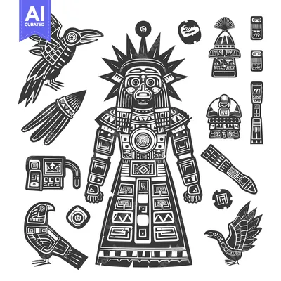 Premium design asset: Black and White Illustration of Ancient Mayan Figure with Surrounding