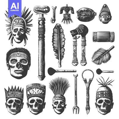 Premium design asset: Black and White Illustration of Ancient Mayan Skulls, Masks, and Artif