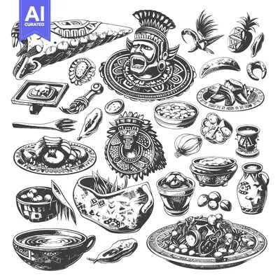 Aset desain premium: Black and White Illustration of Ancient Mesoamerican Food and Culture