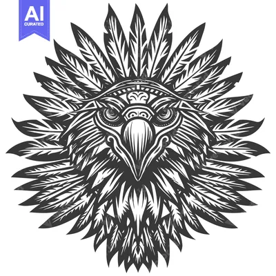 Premium design asset: Black and White Illustration of an Eagle's Head Surrounded by Feathers