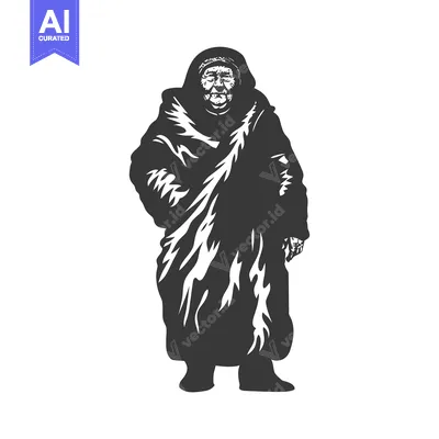 Black and White Illustration of an Elderly Woman in a Robe