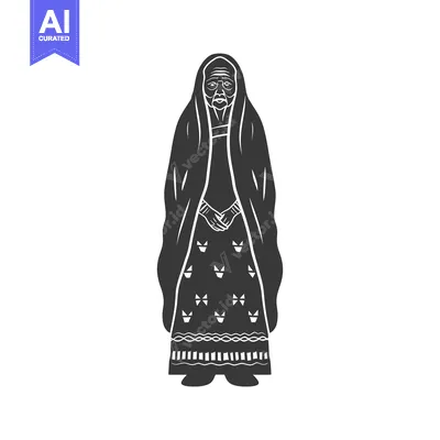 Aset premium populer: Black and White Illustration of an Elderly Woman in Traditional Dress