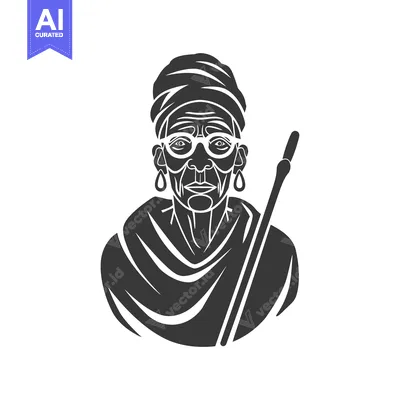 Black and White Illustration of an Elderly Woman Wearing a Turban and