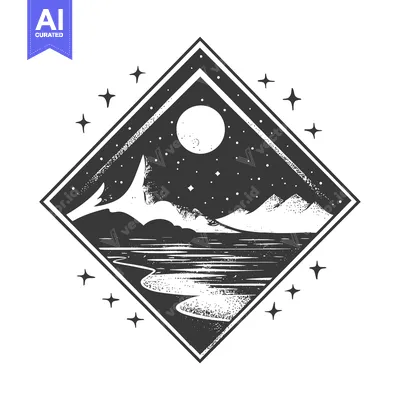 Aset premium populer: Black and White Illustration of a Nighttime Landscape with Mountains,