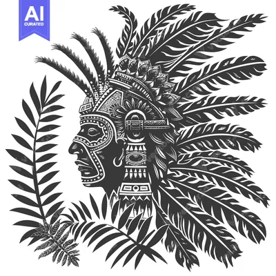 Aset desain premium: Black and White Illustration of an Indigenous Person's Head with Feath