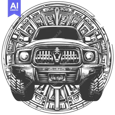 Aset premium populer: Black and White Illustration of an Off-Road Vehicle Surrounded by Abst