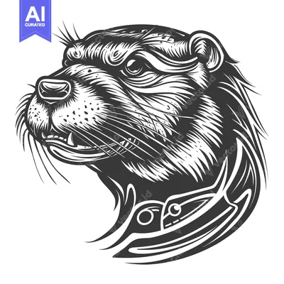 Aset desain premium: Black and White Illustration of an Otter's Head with a Collar
