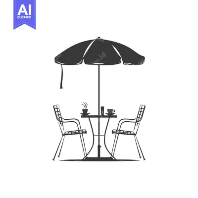 Black and White Illustration of an Outdoor Cafe Table with Umbrella an