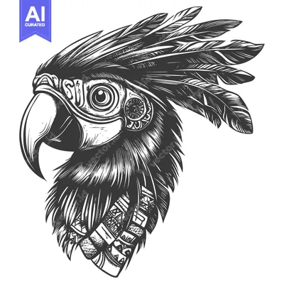 Aset premium populer: Black and White Illustration of a Parrot's Head with Feathers