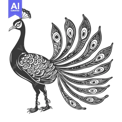 Premium design asset: Black and White Illustration of a Peacock with its Tail Feathers Sprea