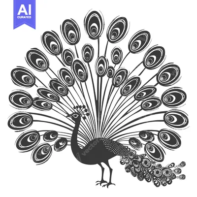 Aset desain premium: Black and White Illustration of a Peacock with its Tail Feathers Sprea