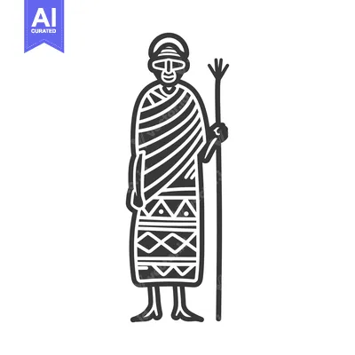 Aset desain premium: Black and White Illustration of a Person in Traditional Clothing Holdi