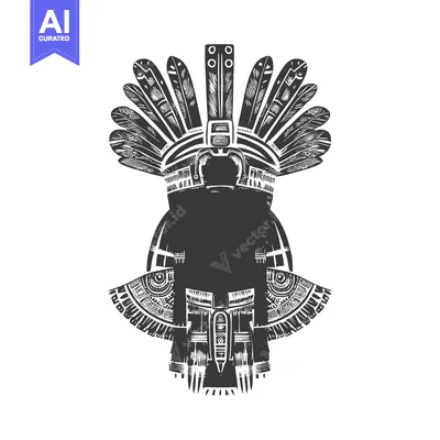 Premium design asset: Black and White Illustration of a Person Wearing a Detailed Headdress