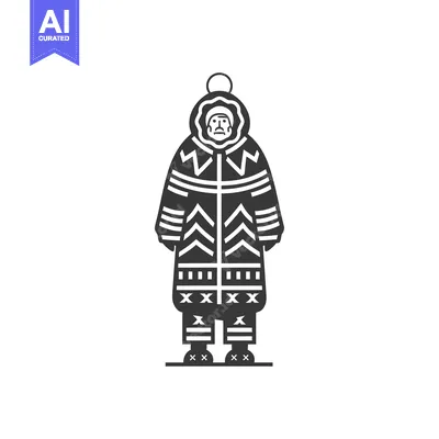 Aset desain premium: Black and white illustration of a person wearing a patterned parka
