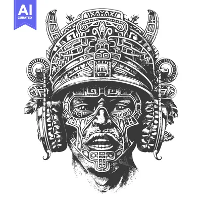 Premium design asset: Black and White Illustration of a Person with Intricate Headwear