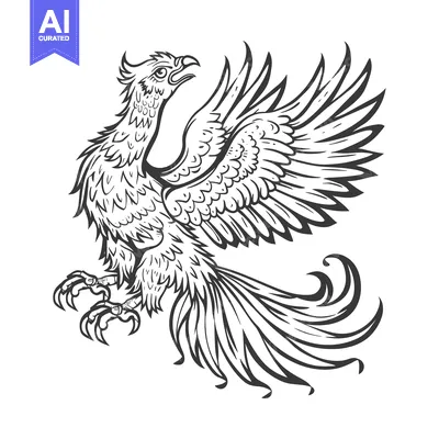 Aset desain premium: Black and White Illustration of a Phoenix Bird with Spread Wings
