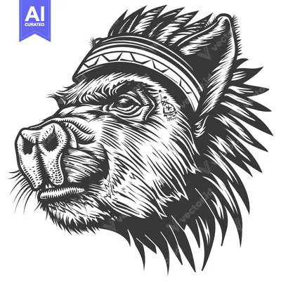 Aset desain premium: Black and White Illustration of a Pig Wearing a Headdress