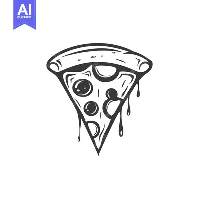 Aset desain premium: Black and white illustration of a pizza slice with dripping cheese