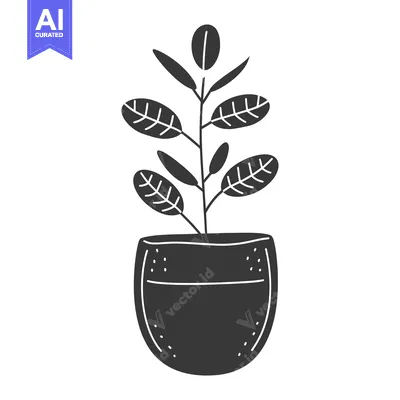 Aset desain premium: Black and White Illustration of a Plant in a Pot