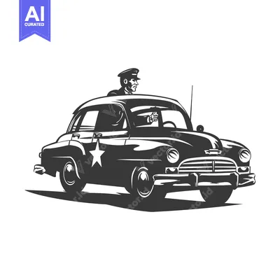 Aset premium populer: Black and White Illustration of a Police Officer in a Vintage Car