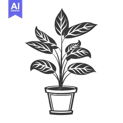 Aset desain premium: Black and White Illustration of a Potted Plant with Veined Leaves