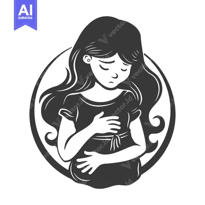 Aset desain premium: Black and White Illustration of a Pregnant Woman Holding Her Belly