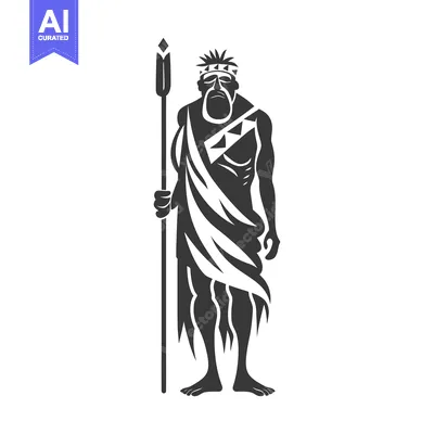 Aset premium populer: Black and White Illustration of a Primitive Man Holding a Spear