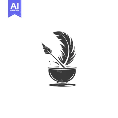 Aset desain premium: Black and white illustration of a quill pen in a bowl
