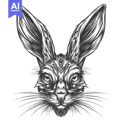 Aset premium populer: Black and White Illustration of a Rabbit's Face with a Geometric Patte