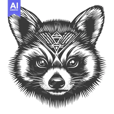 Aset desain premium: Black and White Illustration of a Raccoon's Face with a Geometric Desi