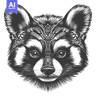Aset premium populer: Black and White Illustration of a Raccoon's Face with Ornate Patterns