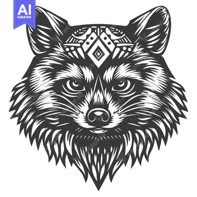 Aset desain premium: Black and White Illustration of a Raccoon's Head with Geometric Orname