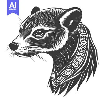 Premium design asset: Black and White Illustration of a Raccoon's Head with Tribal Design