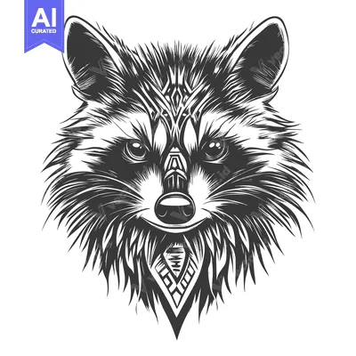 Aset premium populer: Black and White Illustration of a Raccoon's Head with Tribal Design
