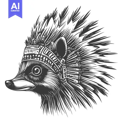 Premium design asset: Black and White Illustration of a Raccoon Wearing a Headdress