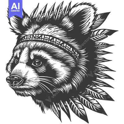 Aset desain premium: Black and White Illustration of a Raccoon Wearing a Headdress