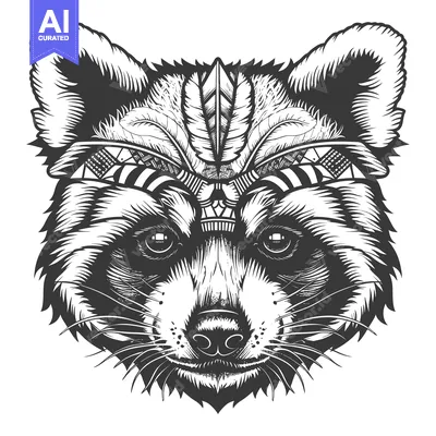 Aset premium populer: Black and White Illustration of a Raccoon with Tribal Designs