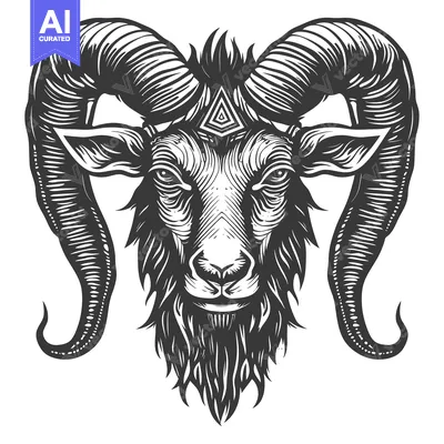 Aset premium populer: Black and White Illustration of a Ram Head with Curved Horns