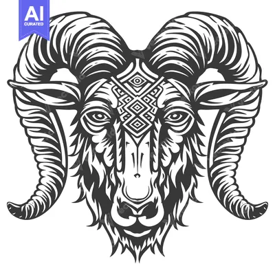 Aset desain premium: Black and White Illustration of a Ram's Head with Geometric Pattern