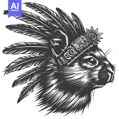 Aset premium populer: Black and White Illustration of a Rat Wearing a Feather Headdress
