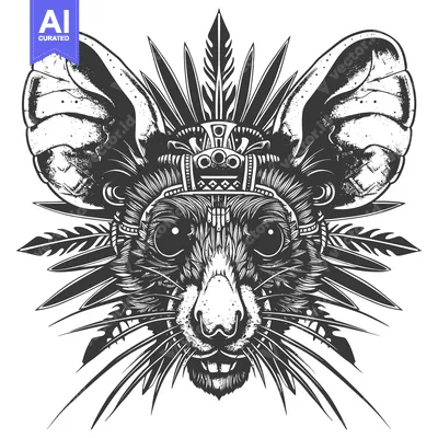 Premium design asset: Black and White Illustration of a Rat Wearing a Native American Headdr