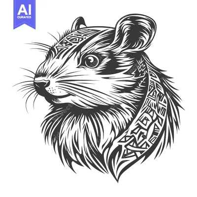 Premium design asset: Black and White Illustration of a Rat with Tribal Tattoo
