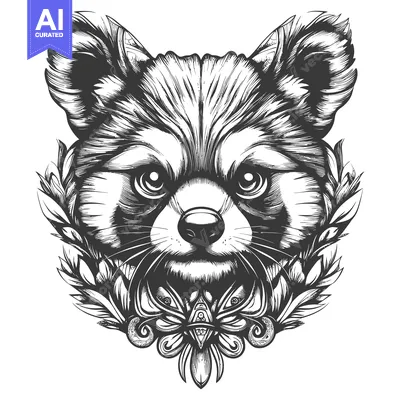 Aset premium populer: Black and White Illustration of a Red Panda with Floral Design