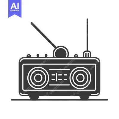 Black and White Illustration of a Retro Radio with Antenna